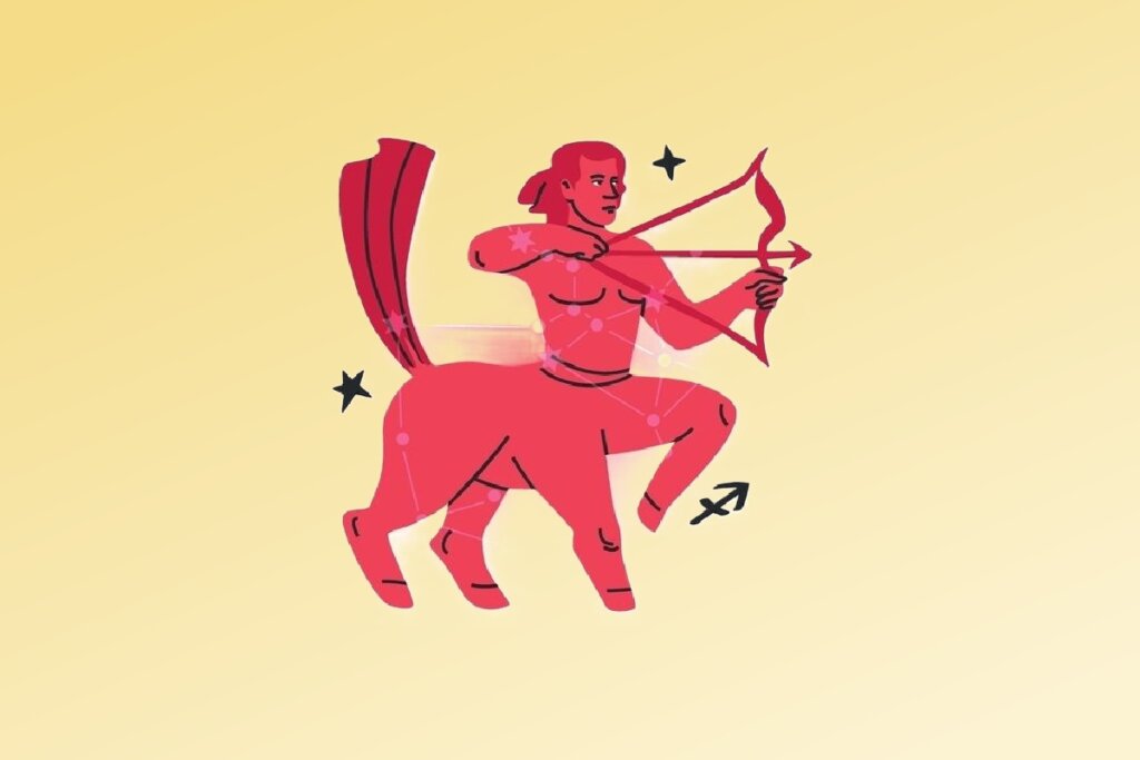 Ilustração do signo de Sagitário contendo uma figura centauro segurando arco e flecha com símbolo do signo em fundo amarelo