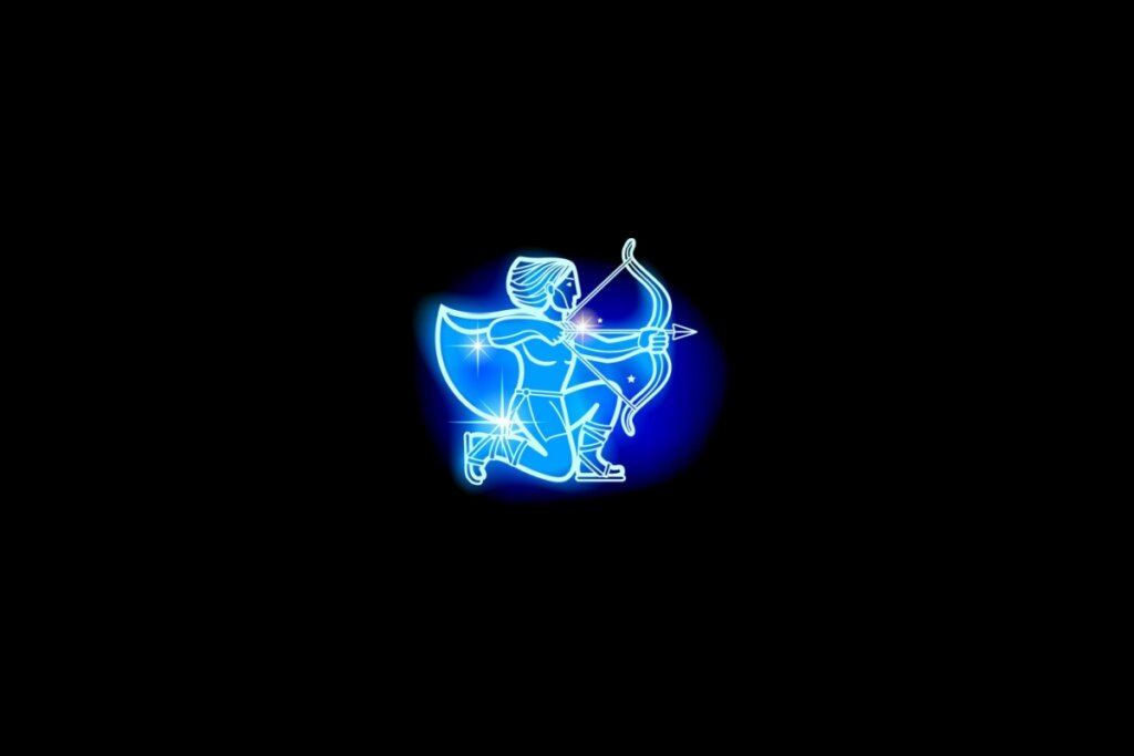 Ilustração do signo de sagitário em azul sobre um fundo preto