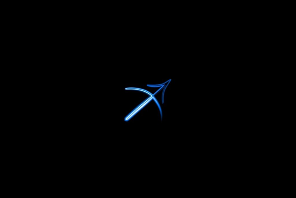 Ilustração do signo de sagitário em azul sobre um fundo preto