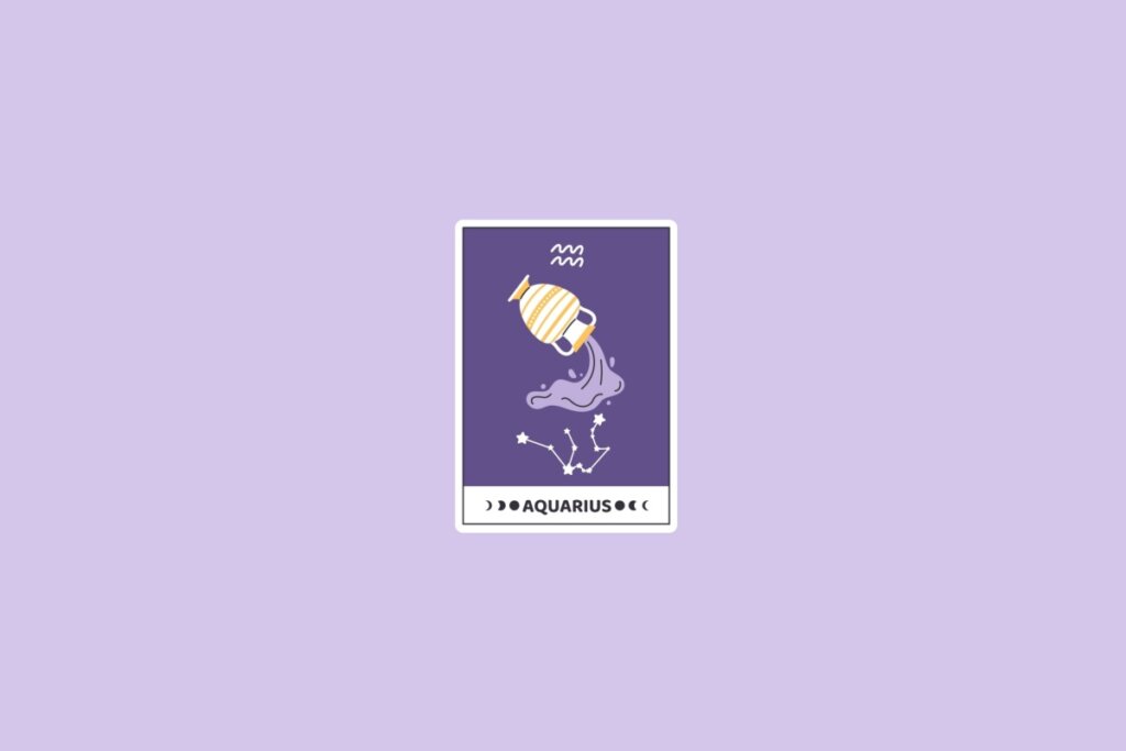 Ilustração do signo de Aquário com um jarro derramando água, a constelação de Aquário e o símbolo do signo no topo