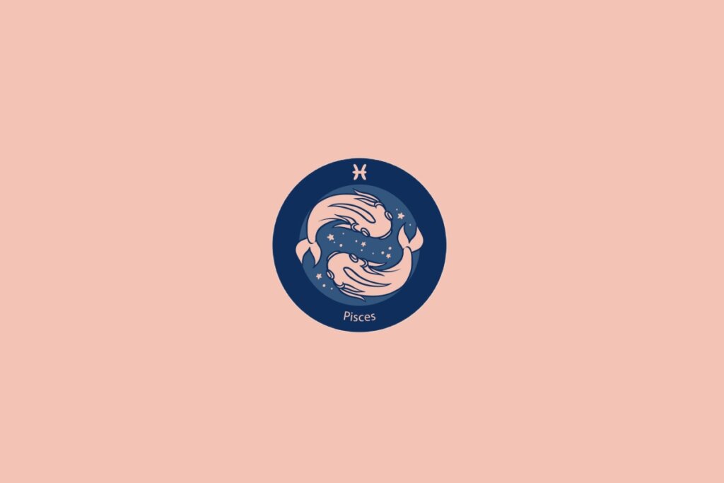 Ilustração do signo de Peixes com dois peixes entrelaçados em um círculo azul. Fundo rosa