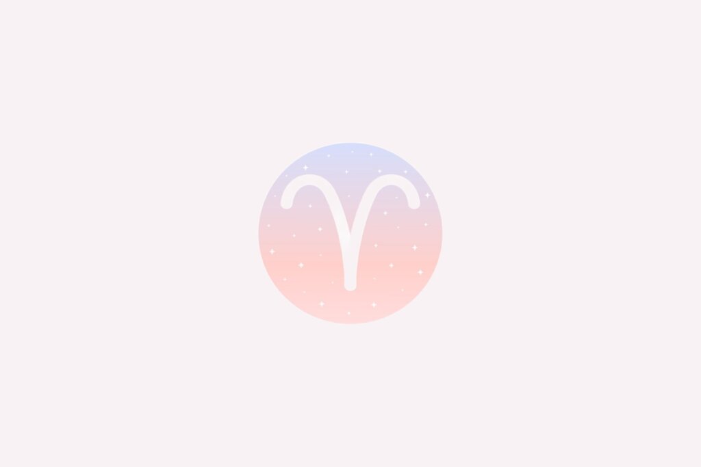 Ilustração do signo de Áries com traços brancos em forma de “V” curvo representando chifres em fundo rosa e azul com estrelas