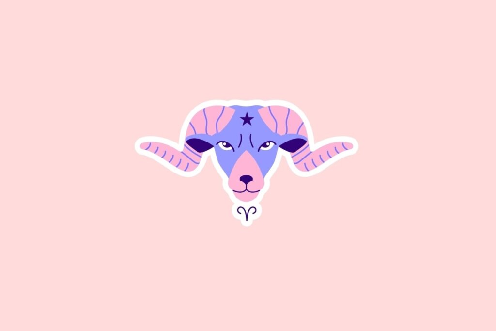 Ilustração de um carneiro em tons de lilás e rosa com o símbolo de Áries abaixo, sobre fundo rosa-claro