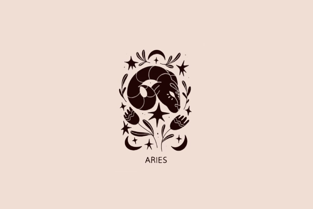 Ilustração do signo de Áries contendo um carneiro com chifres curvos em fundo bege