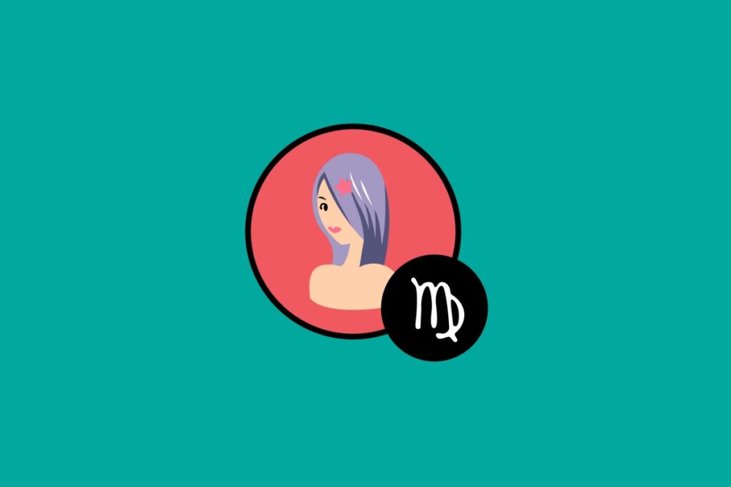 Ilustração do signo de Virgem, em fundo verde-azulado, contendo a silhueta feminina com cabelos lilás e estrela rosa no cabelo, sobre círculo vermelho, e o símbolo astrológico em um círculo preto