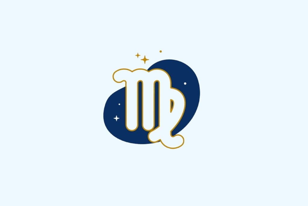 Ilustração do signo de Virgem contendo símbolo de letra M com laço em azul-claro e dourado sobre fundo azul-claro