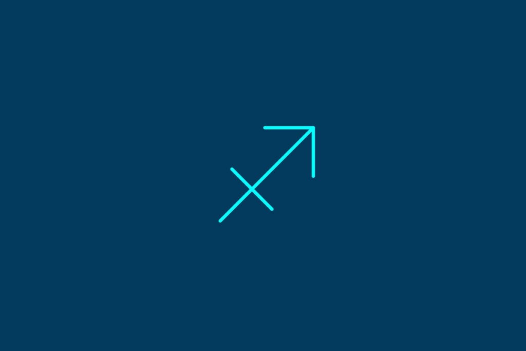 Ilustração do signo de Sagitário, contendo uma seta diagonal apontando para cima e direita cortada por uma linha horizontal, em fundo azul-escuro