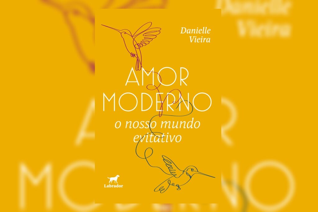Capa do livro "Amor moderno: o nosso mundo evitativo", com fundo amarelo e a ilustração de beija-flores