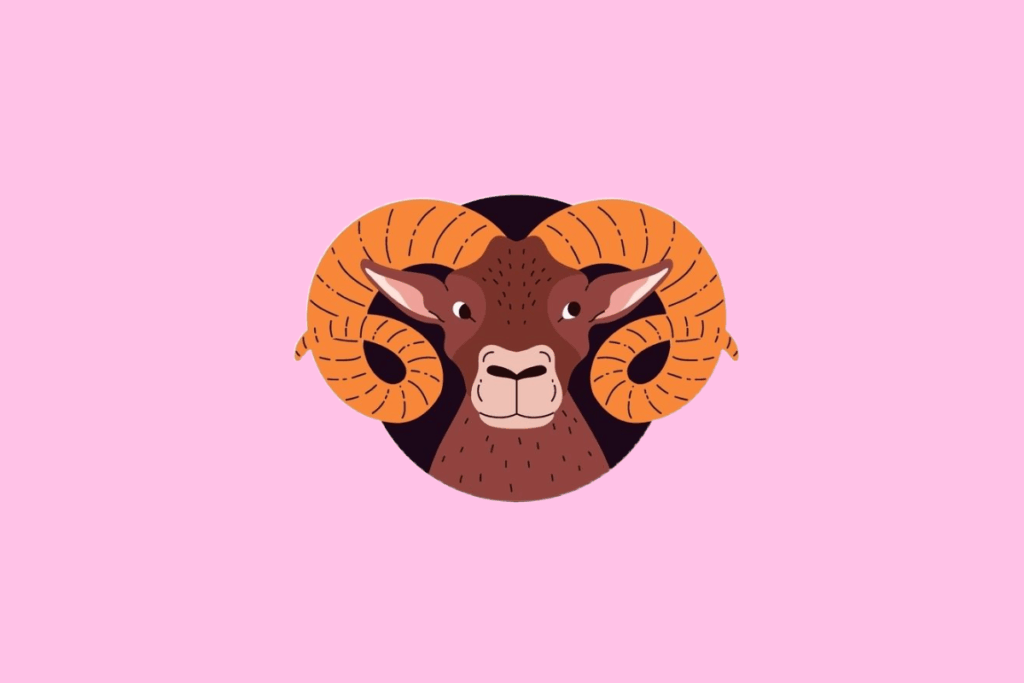 Ilustração frontal da cabeça de um carneiro marrom com grandes chifres curvados em tons de laranja e bege, em um fundo rosa-claro