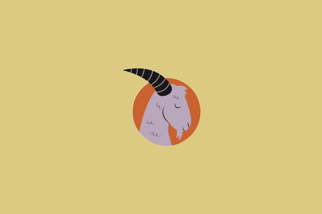 Ilustração estilizada de perfil da cabeça de um carneiro lilás de olhos fechados com um chifre curvado preto, inserida em um círculo laranja-escuro sobre um fundo amarelo-claro.