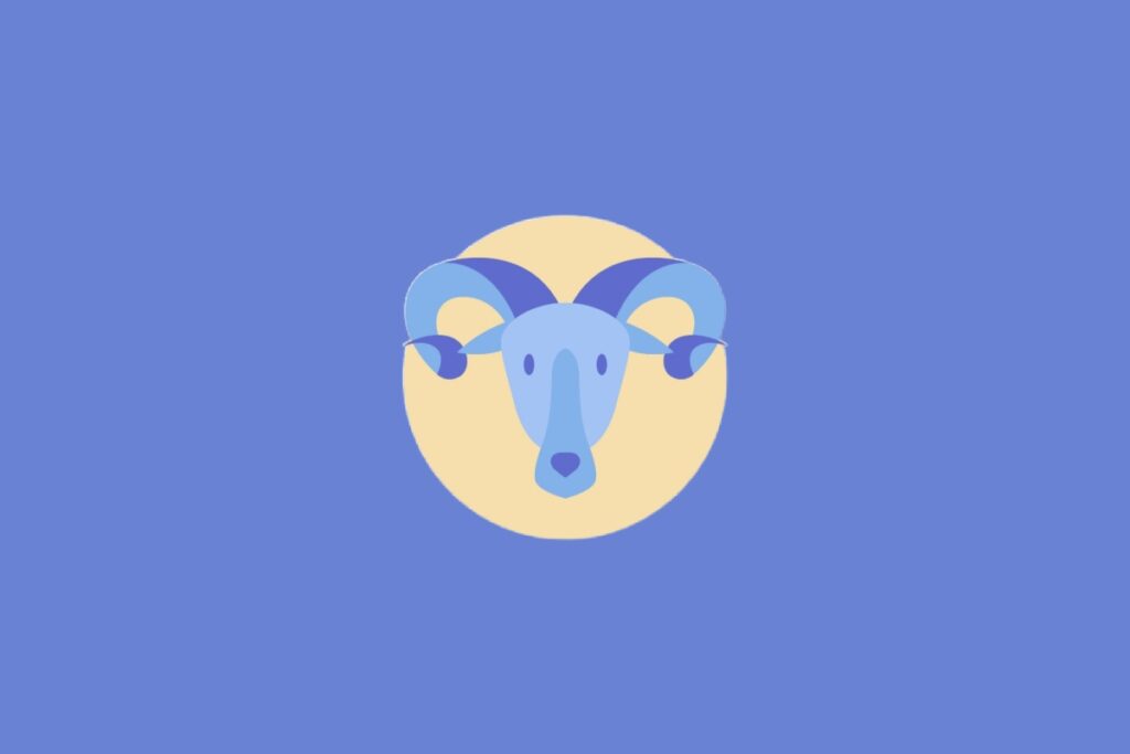 Ilustração centralizada da cabeça de um carneiro com chifres curvados em tons de azul dentro de um círculo bege, representando o signo de Áries sobre um fundo azul-claro.