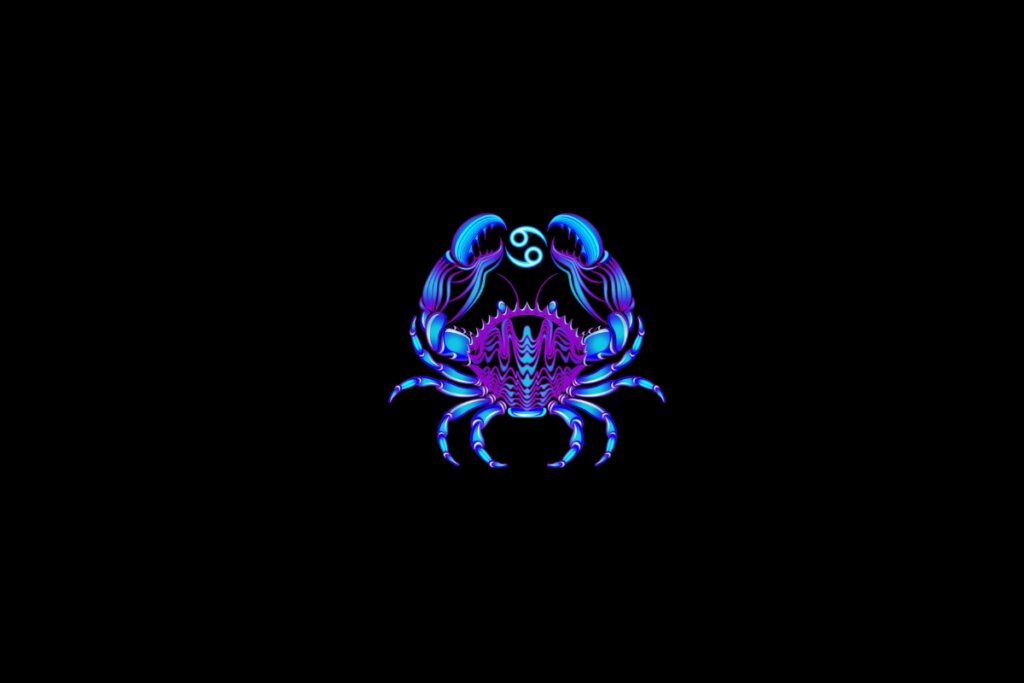 Ilustração do signo de câncer em roxo e rosa em um fundo preto