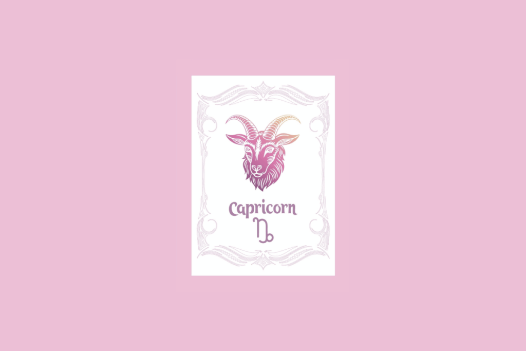 Um cartão branco com uma moldura ornamentada em rosa claro contém a ilustração de uma cabeça de cabra com um gradiente de roxo a laranja, e o texto "Capricorn" acima do símbolo da cabra, tudo sobre um fundo rosa sólido.