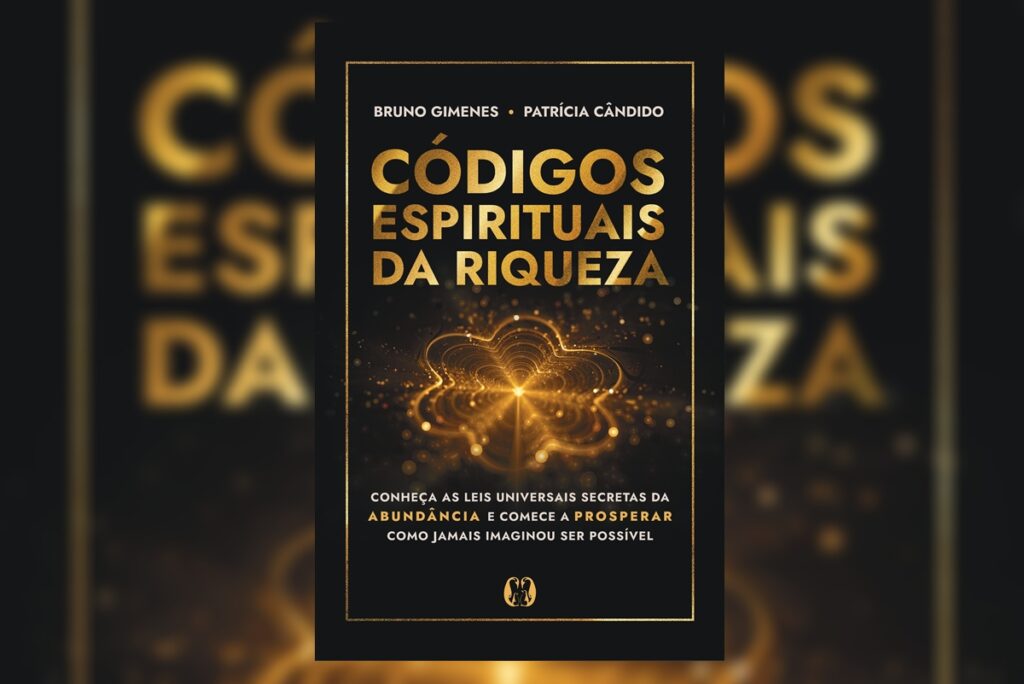 Capa do livro "Códigos espirituais da riqueza", com fundo preto e a ilustração de pontos dourados formando uma flor 