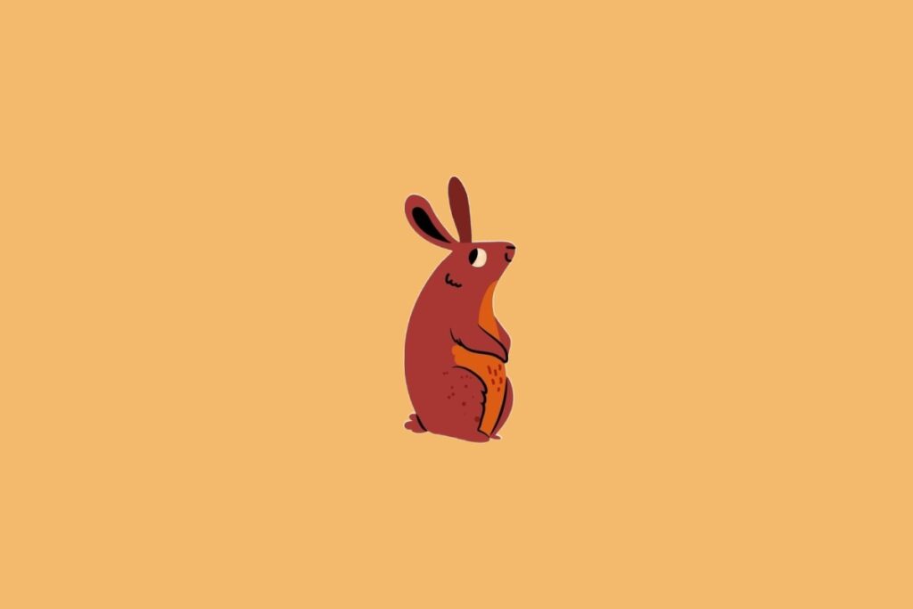 Ilustração minimalista de um coelho de cor avermelhada com o ventre alaranjado e manchas escuras, sobre um fundo sólido bege-alaranjado.