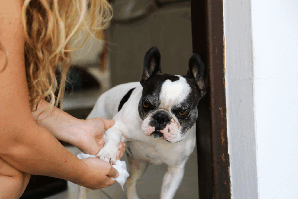 Uma pessoa usando um lenço branco para limpar delicadamente a pata dianteira de um cachorro buldogue francês preto e branco, que olha fixamente em direção à câmera na entrada de uma porta.