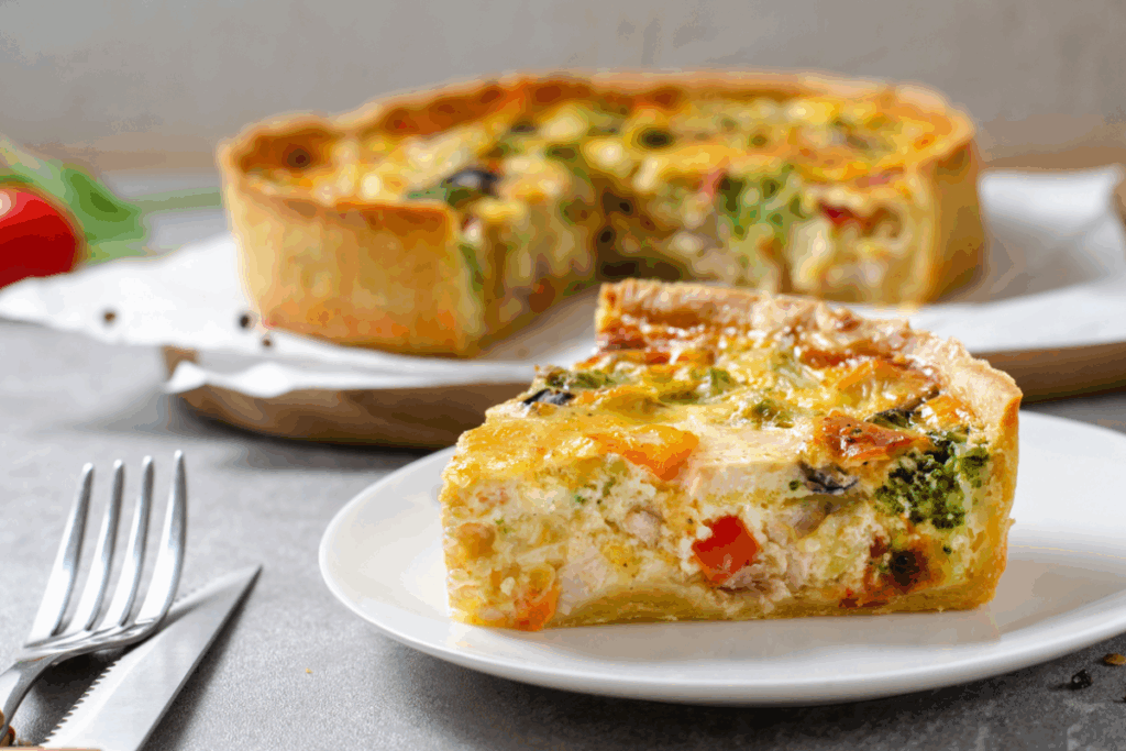 Uma fatia de quiche de frango com legumes em um prato branco, com o restante da torta ao fundo.