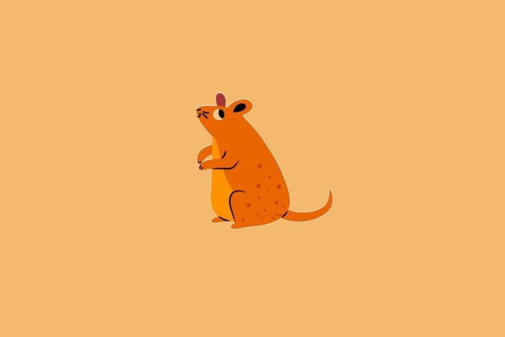 Ilustração minimalista de um rato de cor alaranjada com manchas escuras, sobre um fundo sólido bege-alaranjado.