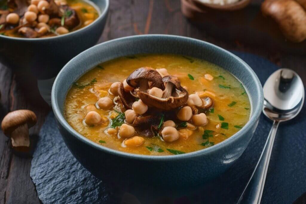 Tigela de sopa de grão-de-bico finalizada com cogumelos salteados e grãos inteiros sobre mesa escura