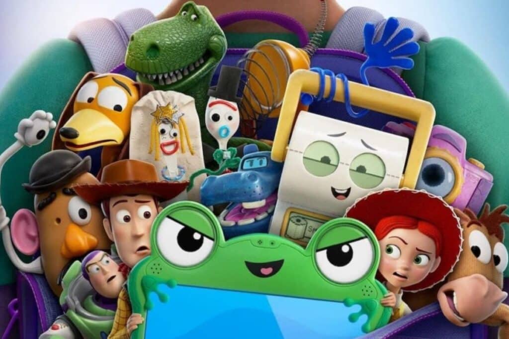 Animação dos brinquedos e tablet de Toy Story 5 reunidos