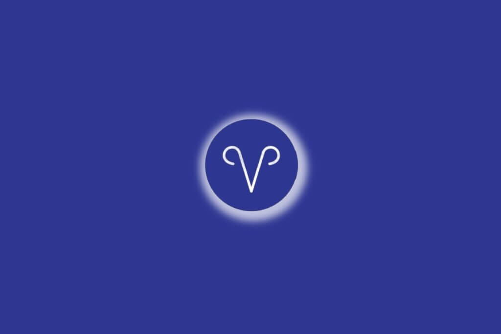 Ilustração do signo de áries em um círculo azul, com luz branca ao redor, sobre um fundo azul
