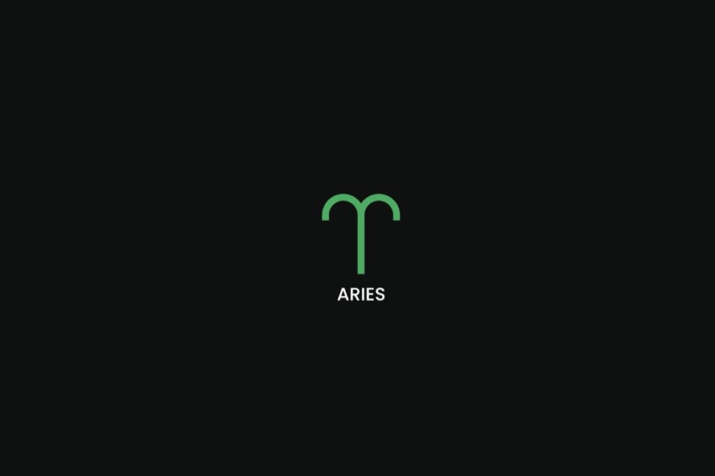 Símbolo do signo de áries na cor verde, com o nome do signo embaixo, centralizado em um fundo preto