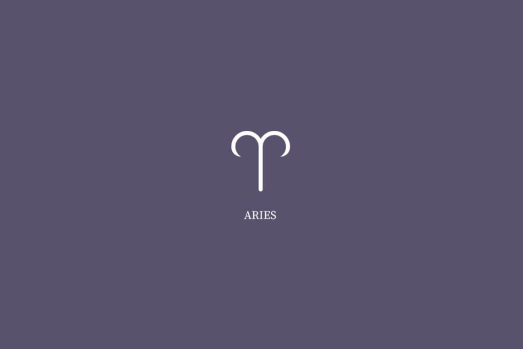 Ilustração do signo de áries, na cor branca e com o nome embaixo, centralizado em um fundo roxo
