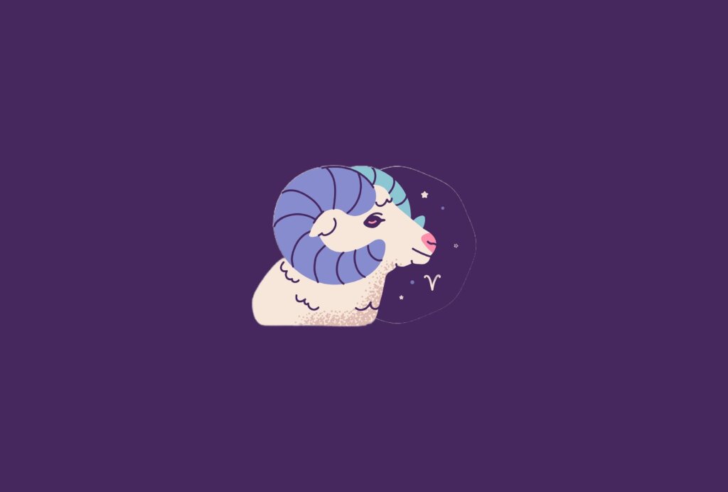 llustração do signo de Áries, simbolizado por um carneiro de chifres curvados, com fundo estrelado e tons de roxo e azul