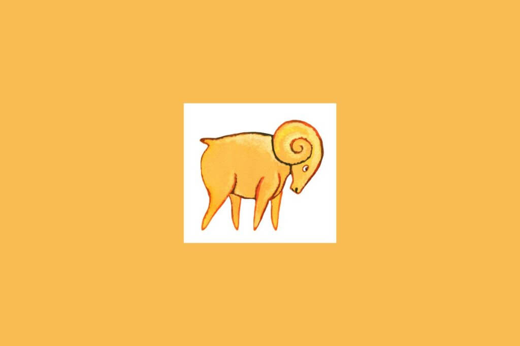 Uma ilustração simples de um carneiro amarelo com chifres em espiral, representando o signo de Áries, sobre um fundo claro cercado por um tom alaranjado