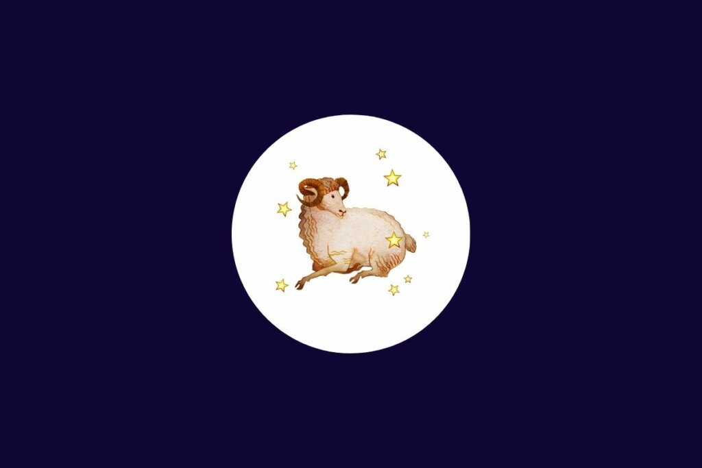 Ilustração do signo de áries em tons de bege em um círculo branco sobre um fundo azul-escuro