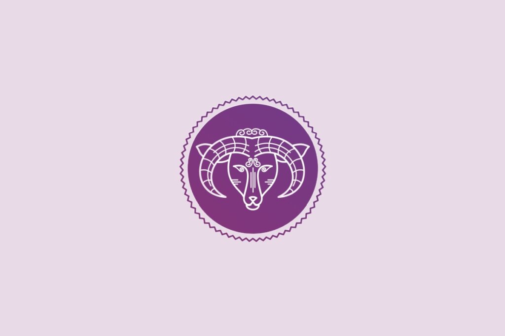 Ilustração de um círculo roxo com desenho de um carneiro no centro, representando o signo de áries, sobre fundo lilás