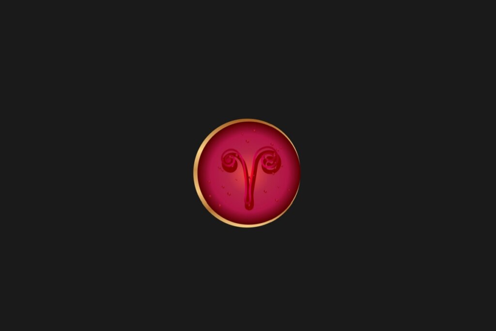 Ilustração do signo de Áries, em um círculo vermelho com borda dourada, sobre um fundo preto
