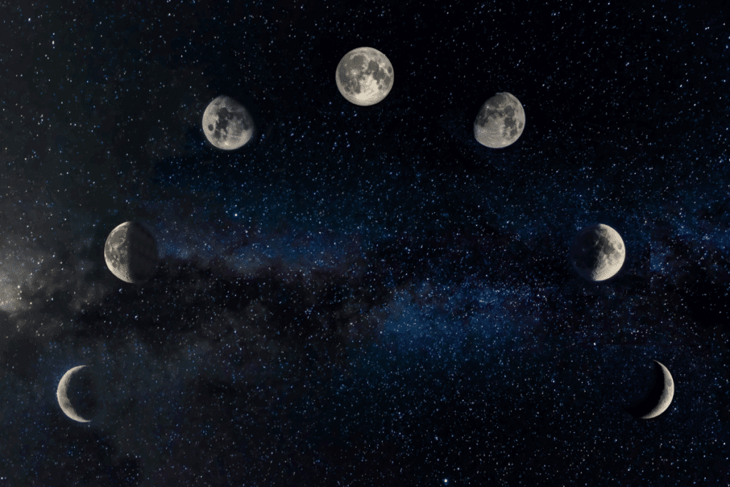 Fases da Lua em um céu ao anoitecer com estrelas 