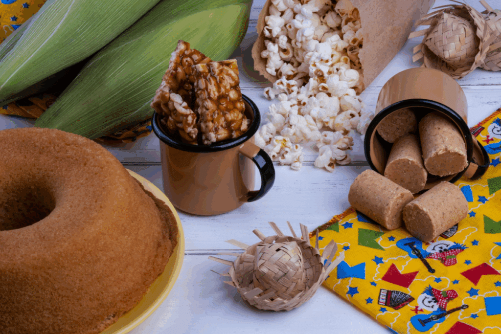 Mesa de festa junina com bolo, pipoca, paçoca e caneca com pé de moleque 
