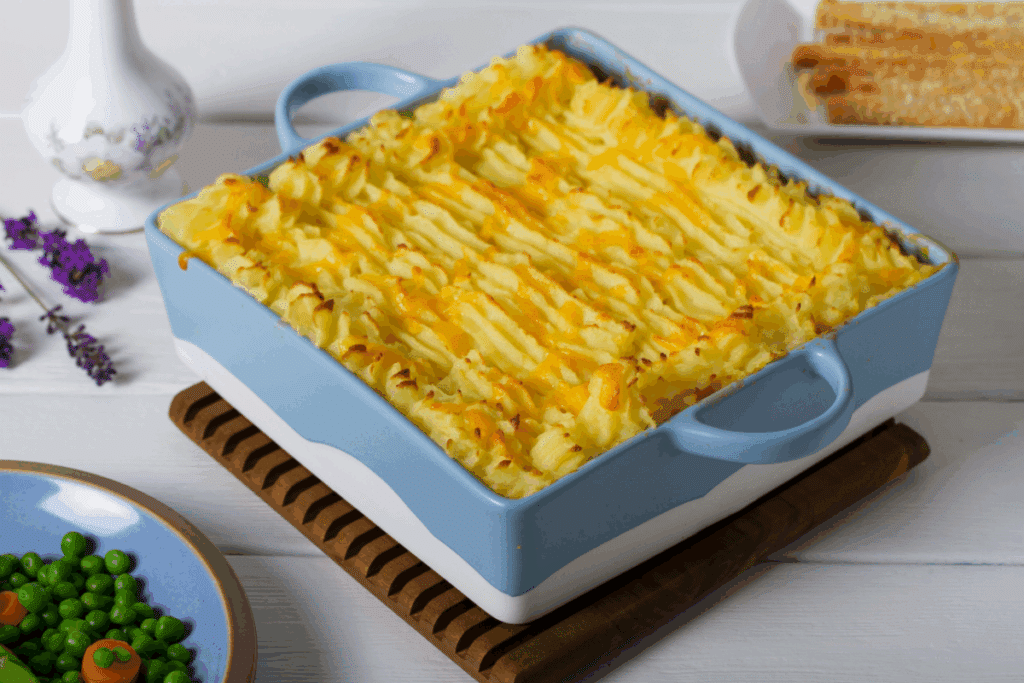Travessa azul com escondidinho de tofu com batata