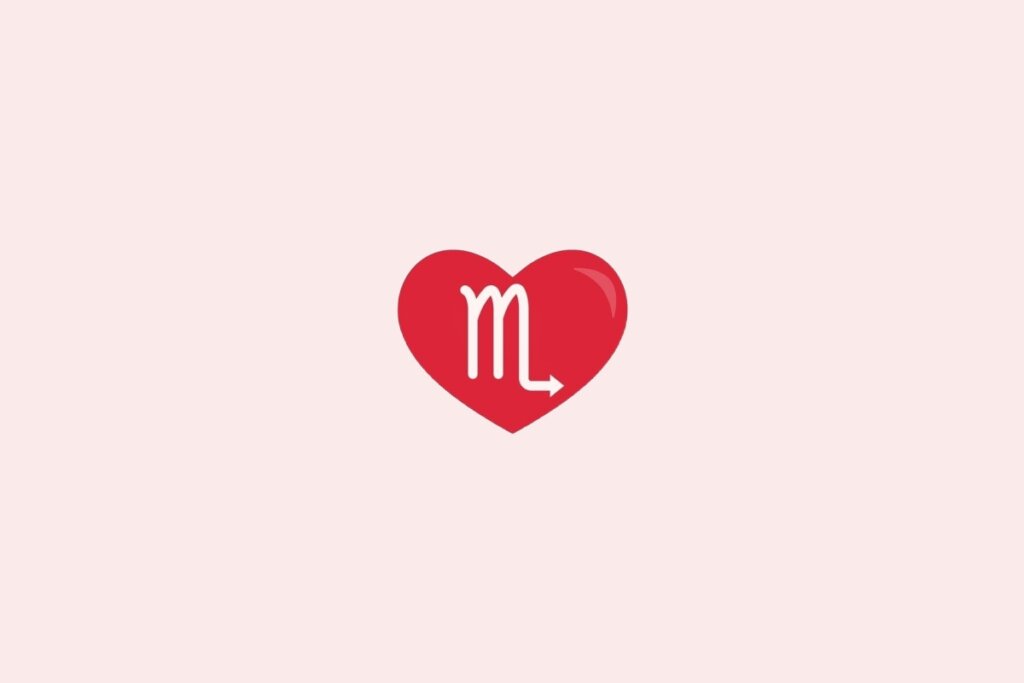 Ilustração do signo de escorpião em um coração vermelho sobre um fundo rosa-claro