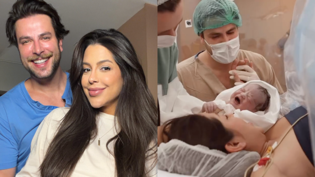 Laís Caldas e Gustavo Marsengo com a filha na maternidade