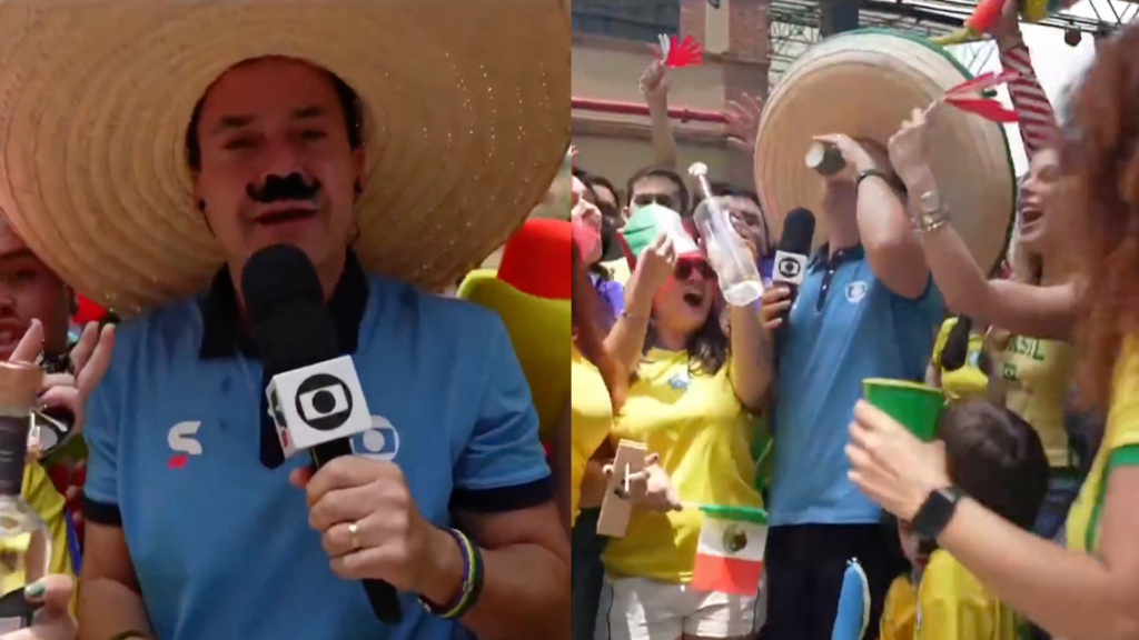 Repórter Tiago Medeiros de sombrero e bigode mexicano