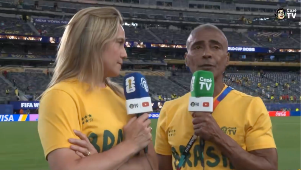 Romário e Fernanda Gentil com microfones