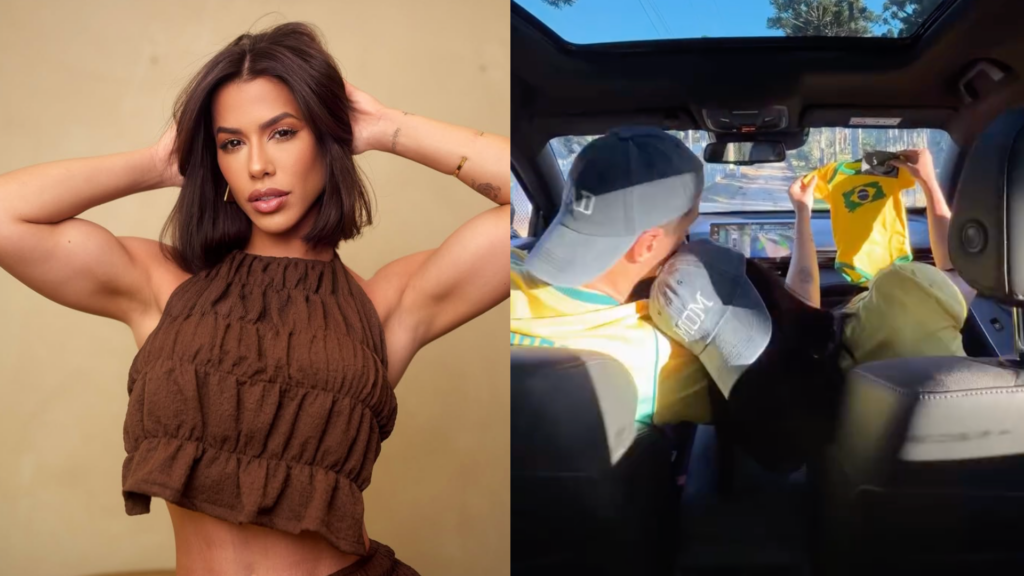 Larissa Tomásia no carro com o namorado segurando macacão de bebê