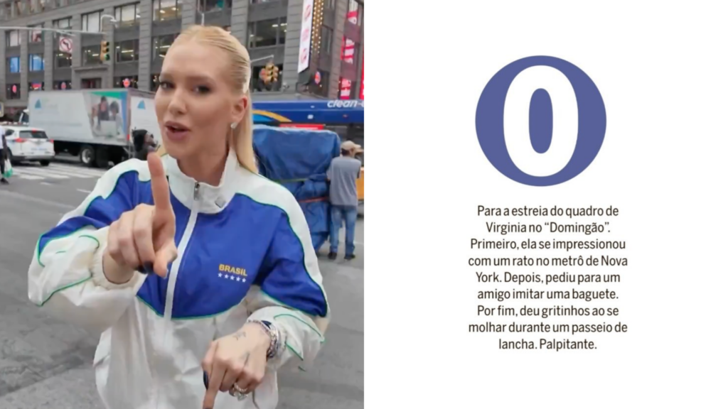 Foto da esquerda: Virginia em rua de Nova York; foto da direita: texto de jornalista da Globo