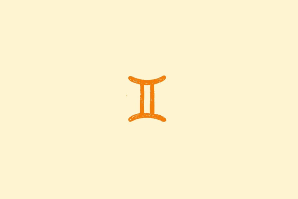 Ilustração do signo de gêmeos na cor laranja, centralizado em um fundo amarelo