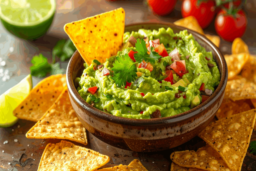 Recipiente marrom com guacamole com tomate e nachos em volta