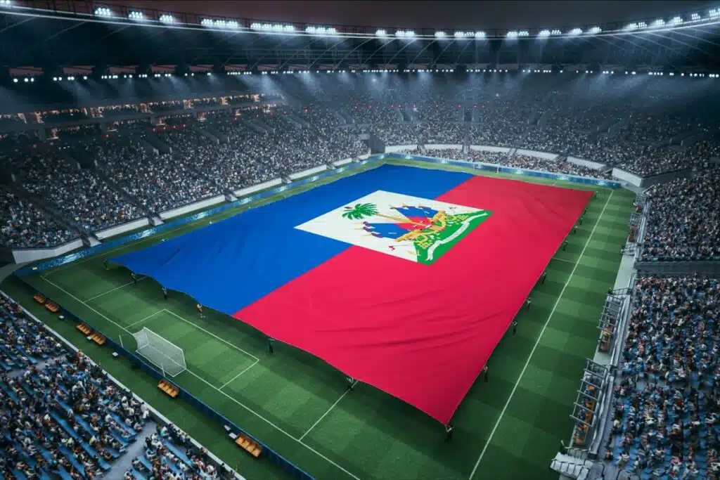 Ilustração da bandeira do haiti cobrindo um gramado de um estádio de futebol