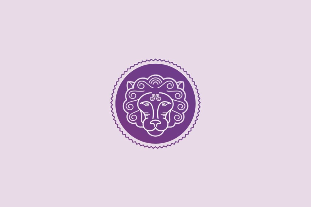 Ilustração de um círculo roxo com desenho de um leão no centro, representando o signo de leão, sobre fundo lilás