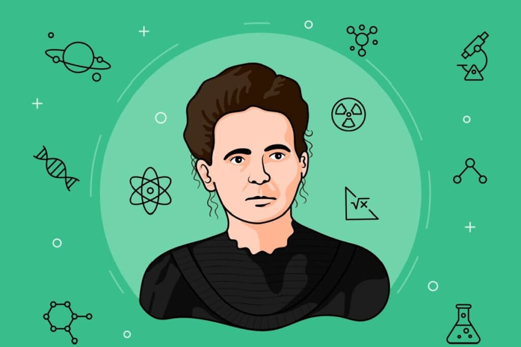 Ilustração de Marie Curie em círculo verde claro em fundo verde com símbolos de química e física ao redor