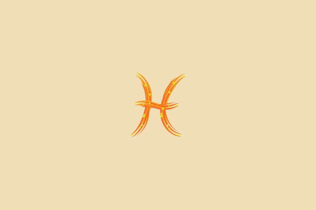 Ilustração do signo de peixes, na cor laranja-escuro, centralizado em um fundo laranja-claro