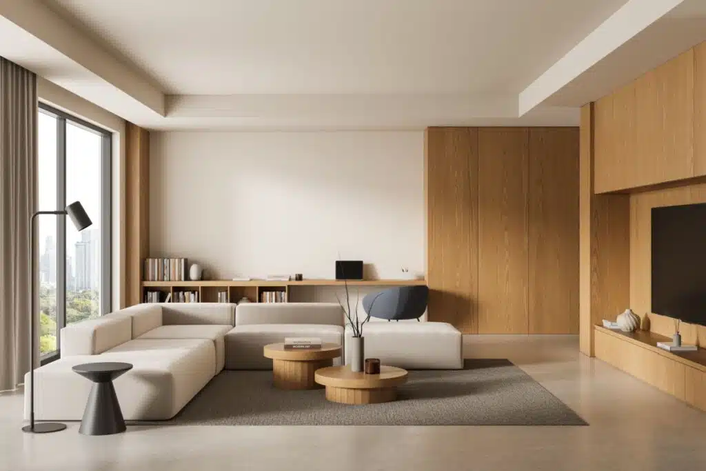 Interior contemporâneo da sala de estar com sofá seccional bege, painéis de madeira, mesas redondas, e janela de vista da cidade sobre fundo neutro.
