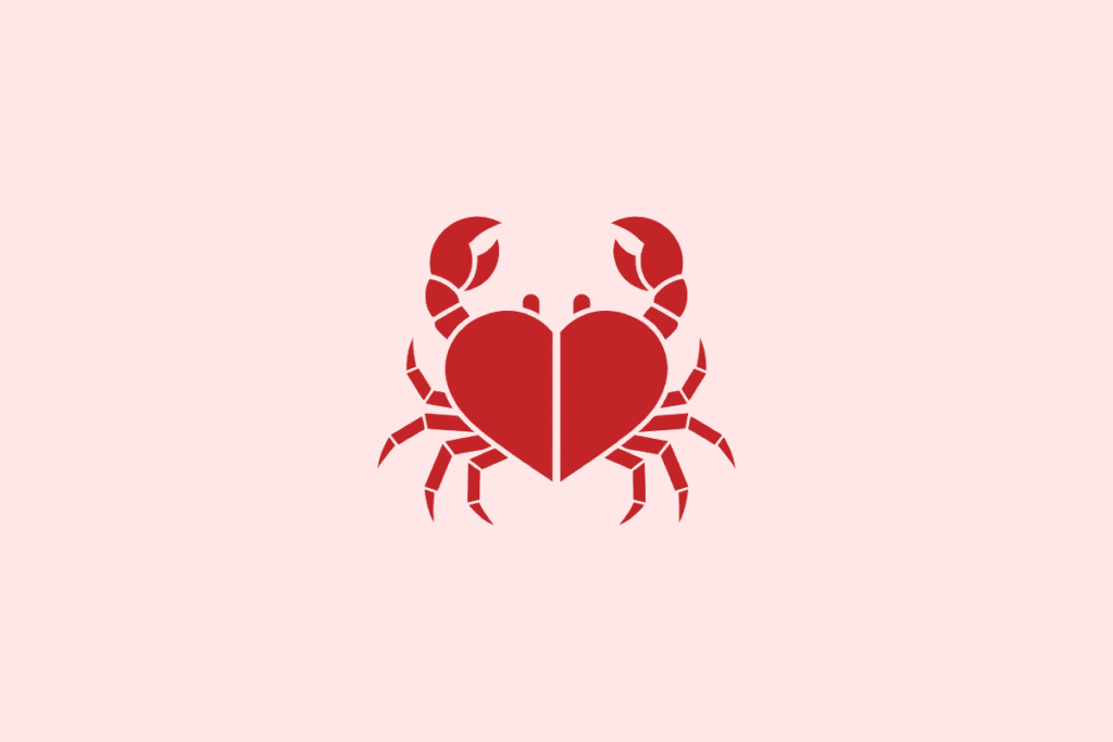 Ilustração de um caranguejo no formato de um coração centralizado em fundo rosa-claro