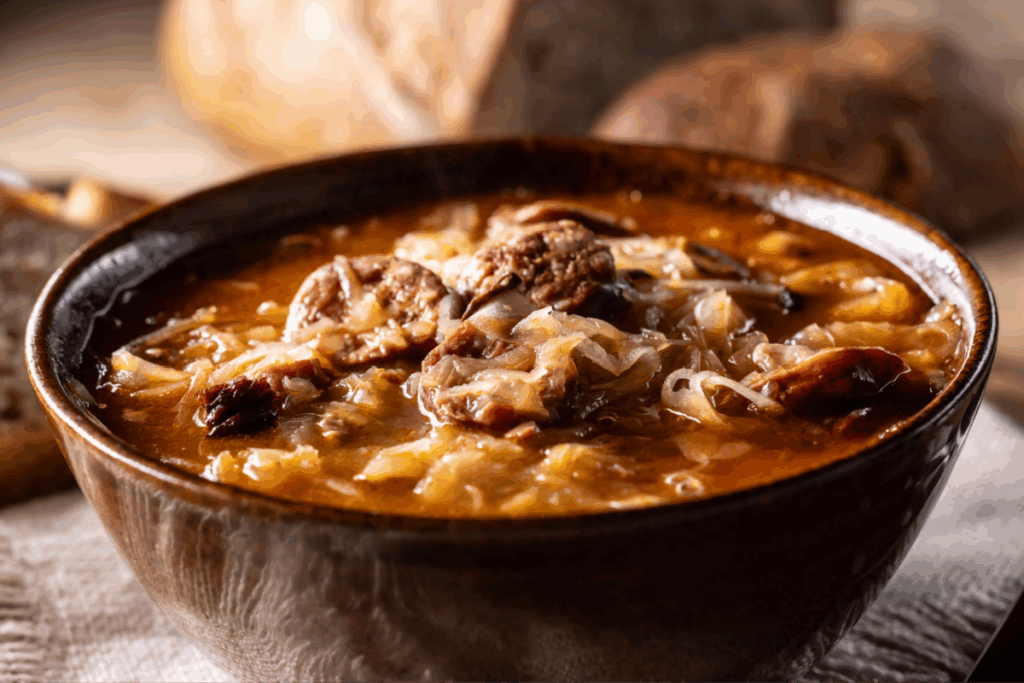 A imagem mostra uma sopa de carne com repolho, servida em uma tigela marrom. O caldo espesso contém pedaços de carne bovina